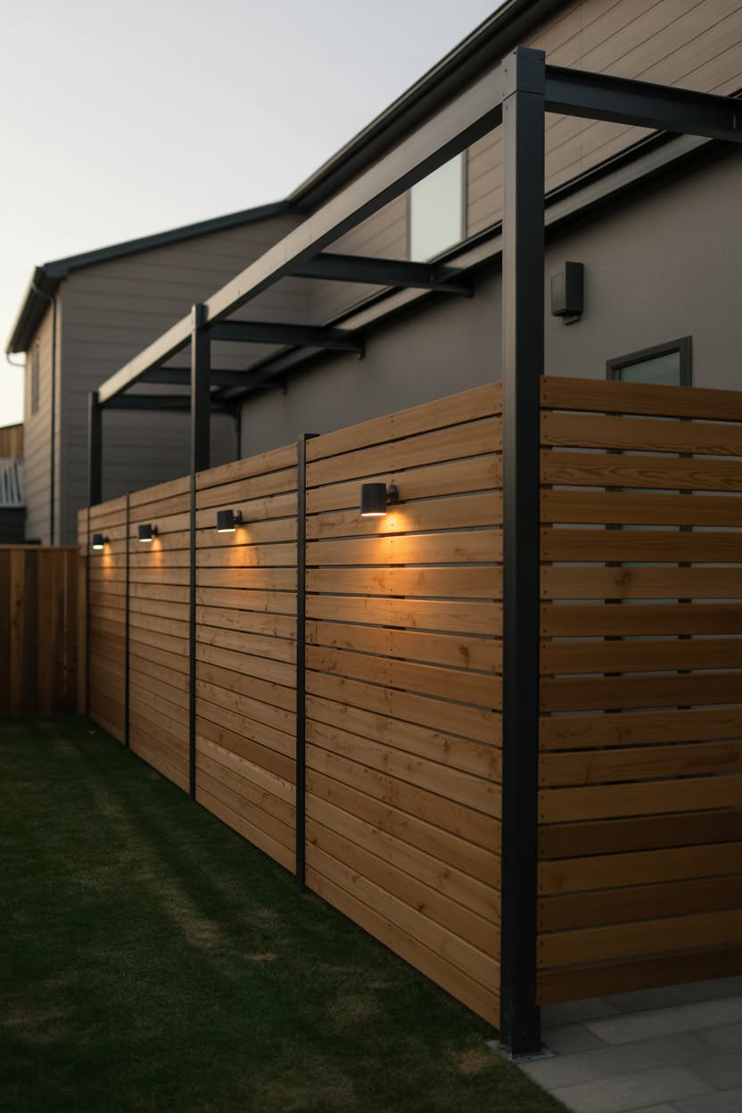 Modern horizontal wood fence with black metal frame, overhead pergola, and wall-mounted downlights at dusk