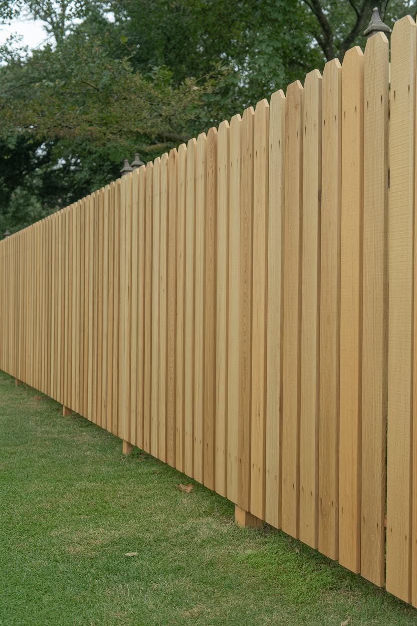 Tall natural wood picket fence with pointed tops and decorative post caps with lights