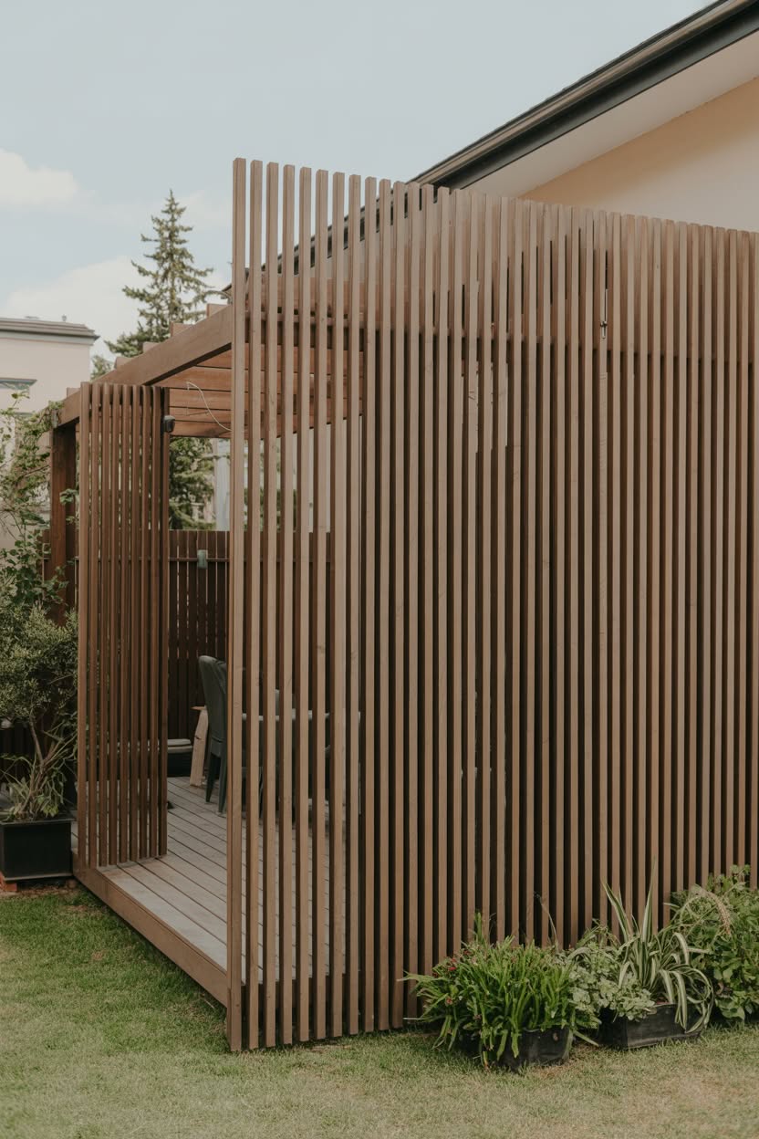 Modern vertical slat privacy pavilion structure with deck flooring and open doorway entrance