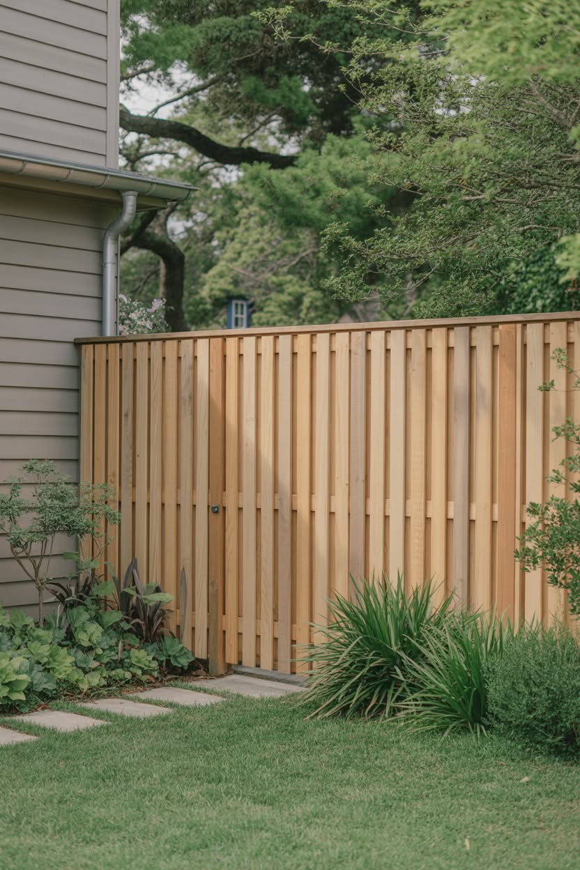 Natural cedar vertical slat privacy fence with garden plantings including hostas and ornamental grasses