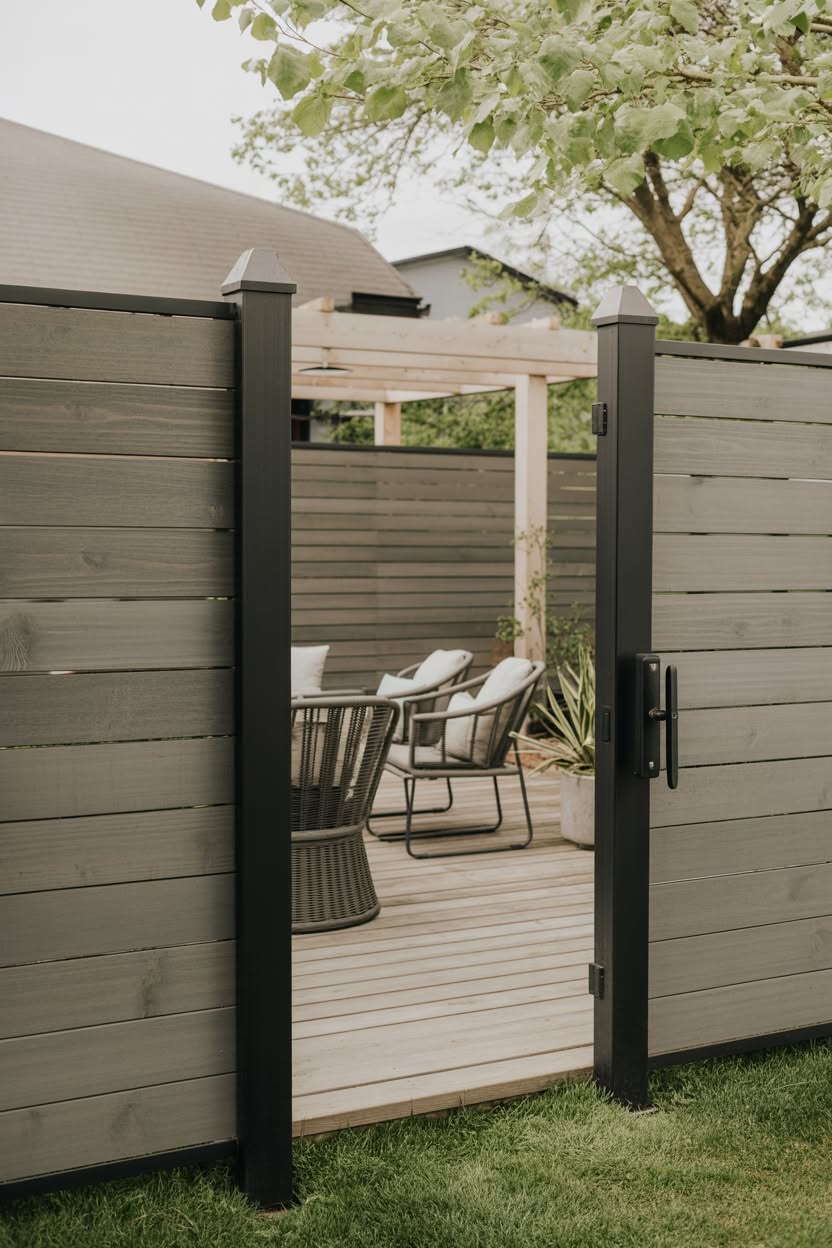Gray weathered horizontal slat fence with black posts and open gate showing deck with wicker furniture