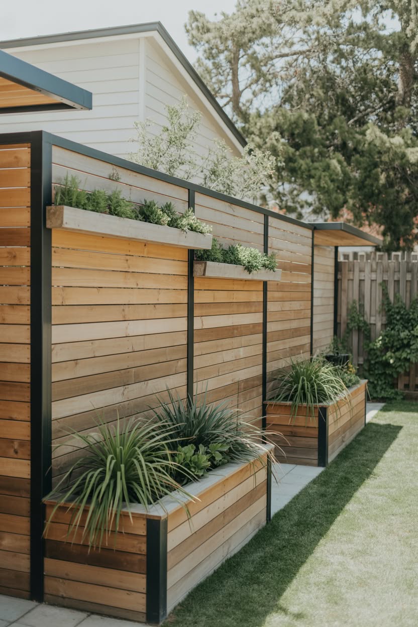 Modern horizontal cedar fence with black metal frame and built-in wooden planter boxes with greenery