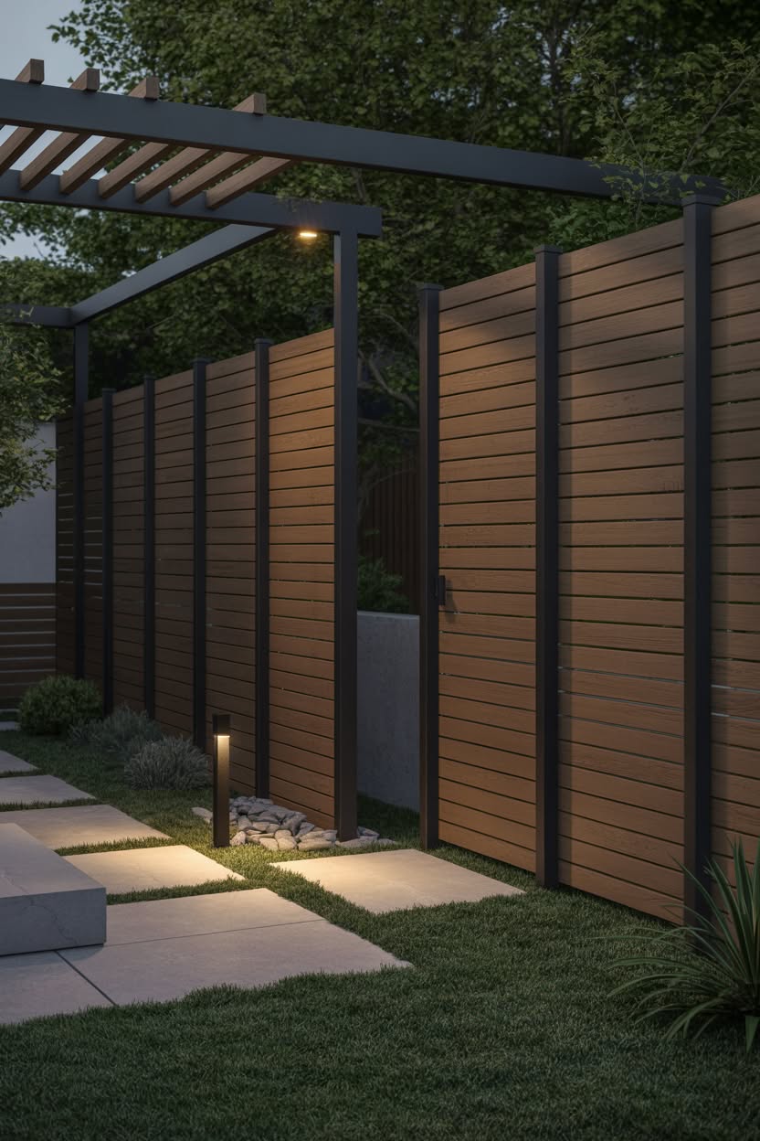 Modern horizontal wood fence with dark metal frame, pathway lighting, and pergola at dusk