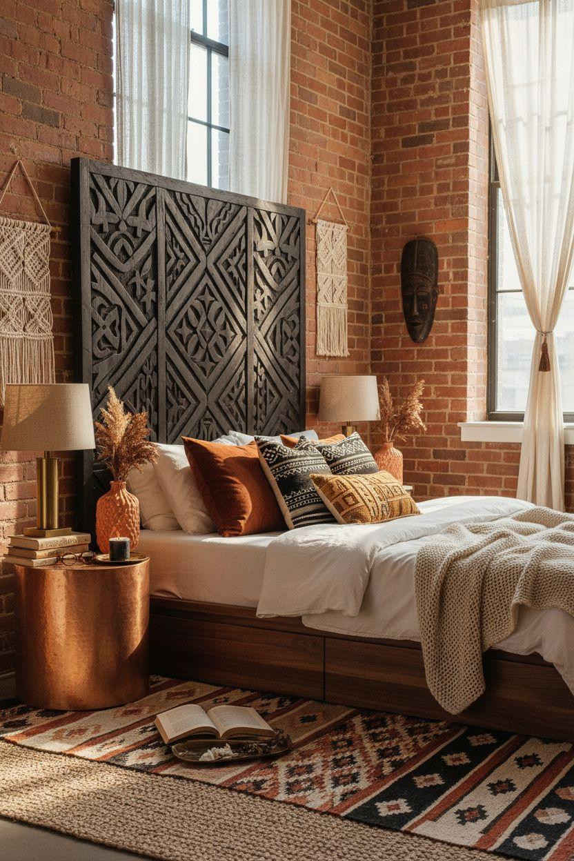 Afro Boho Living Room Ideas - bedroom with carved ebony headboard and copper nightstand accents