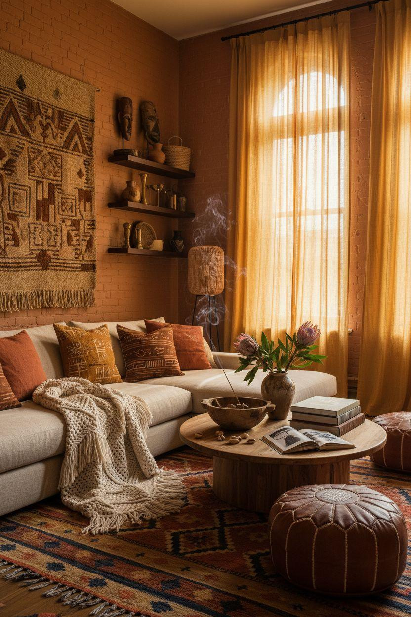 Afro Boho Living Room Ideas - oatmeal linen sofa with burnt sienna Moroccan rug and brass lighting