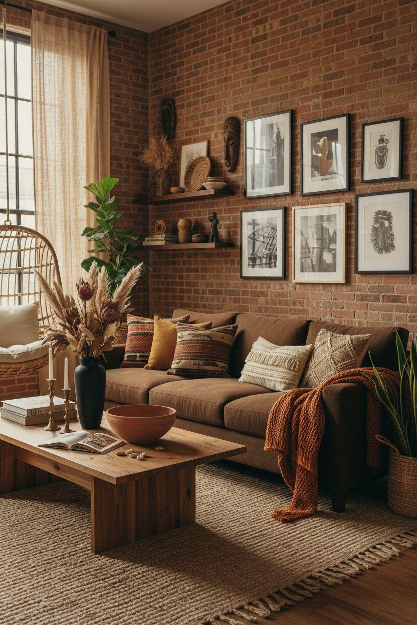 Afro Boho Living Room Ideas - chocolate brown bouclé sofa with layered mudcloth cushions