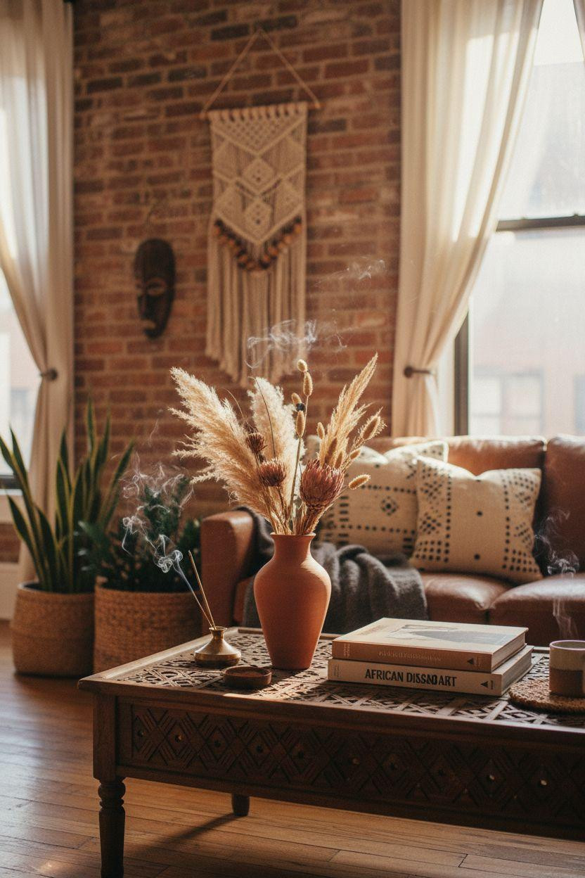 Afro Boho Living Room Ideas - layered terracotta and carved wood coffee table vignette