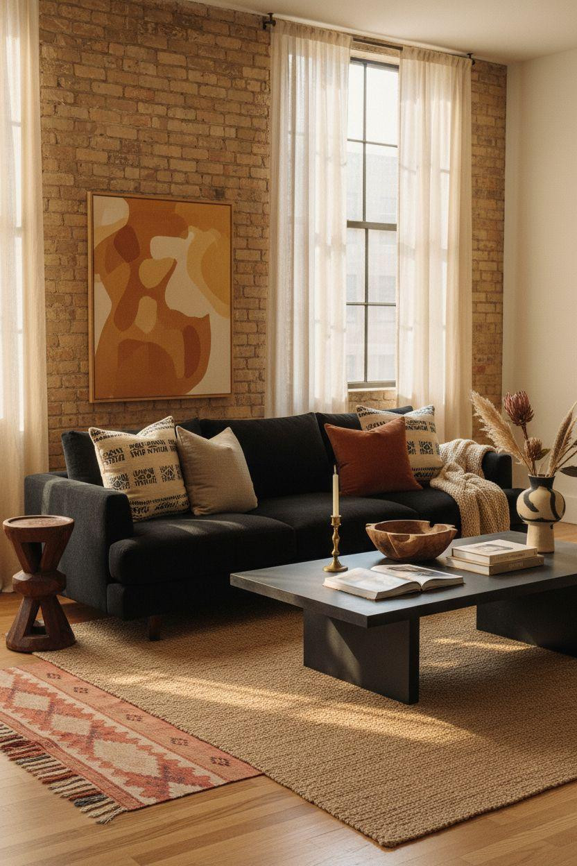Afro Boho Living Room Ideas - charcoal bouclé sofa with mudcloth pillows and black concrete coffee table
