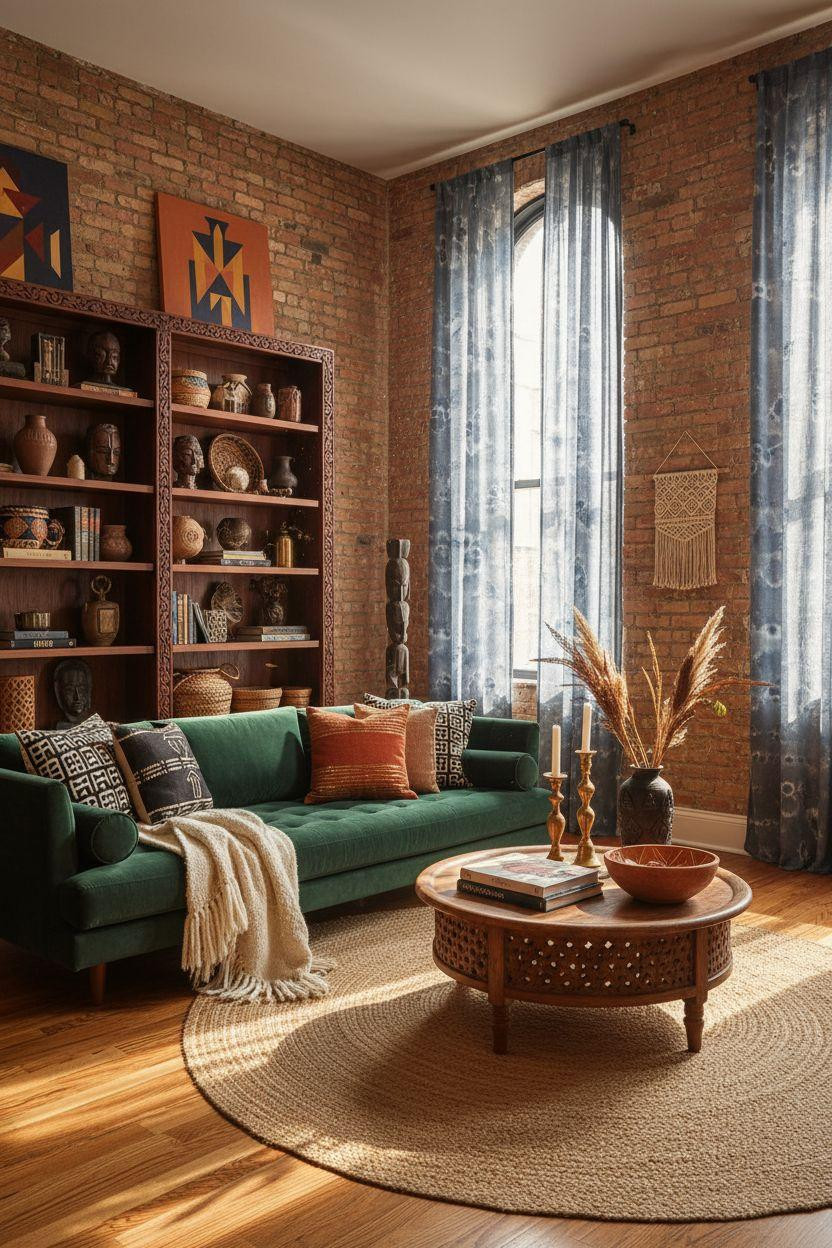 Afro Boho Living Room Ideas - emerald velvet sofa with kente pillows and carved teak coffee table