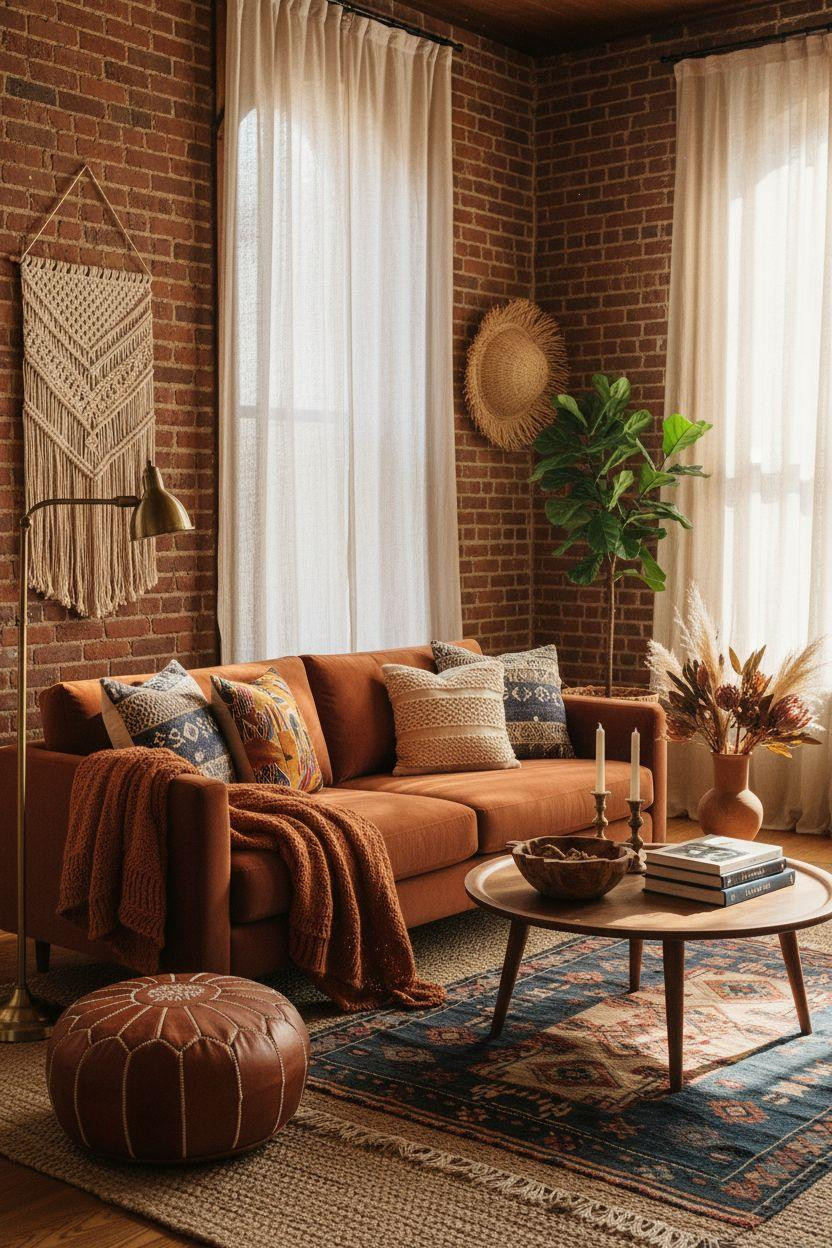 Afro Boho Living Room Ideas - terracotta velvet sofa with leather poufs and woven juju hat