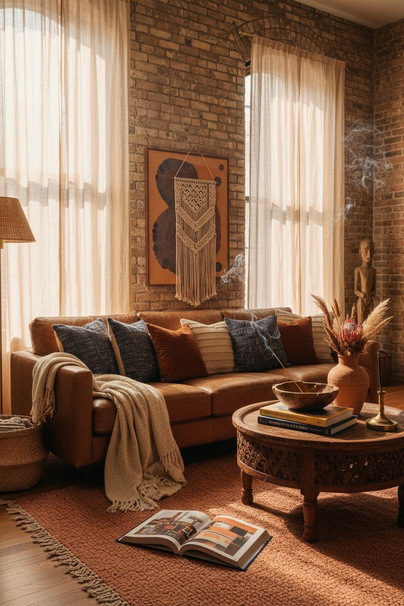 Afro Boho Living Room Ideas - cognac leather sofa with indigo mudcloth pillows and carved wood table