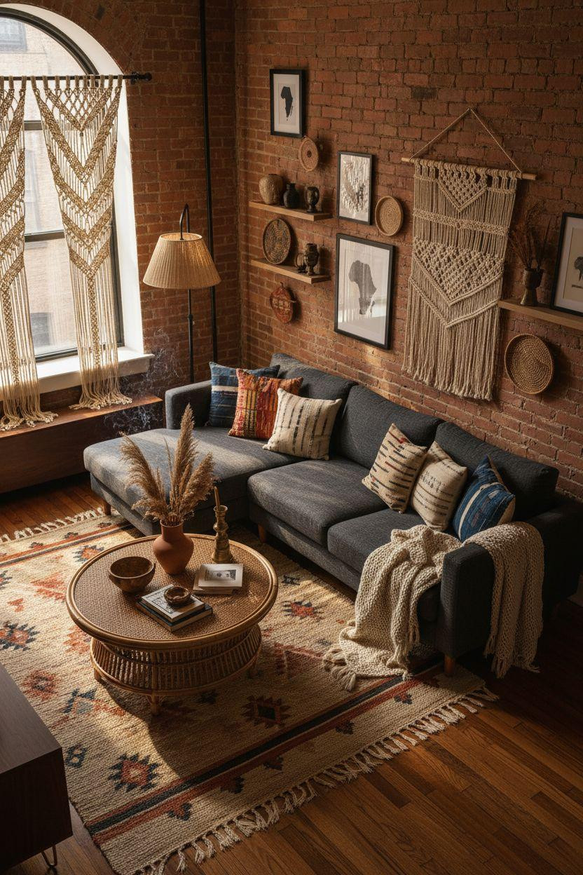 Afro Boho Living Room Ideas - charcoal linen sectional with macramé wall hanging and brass accents