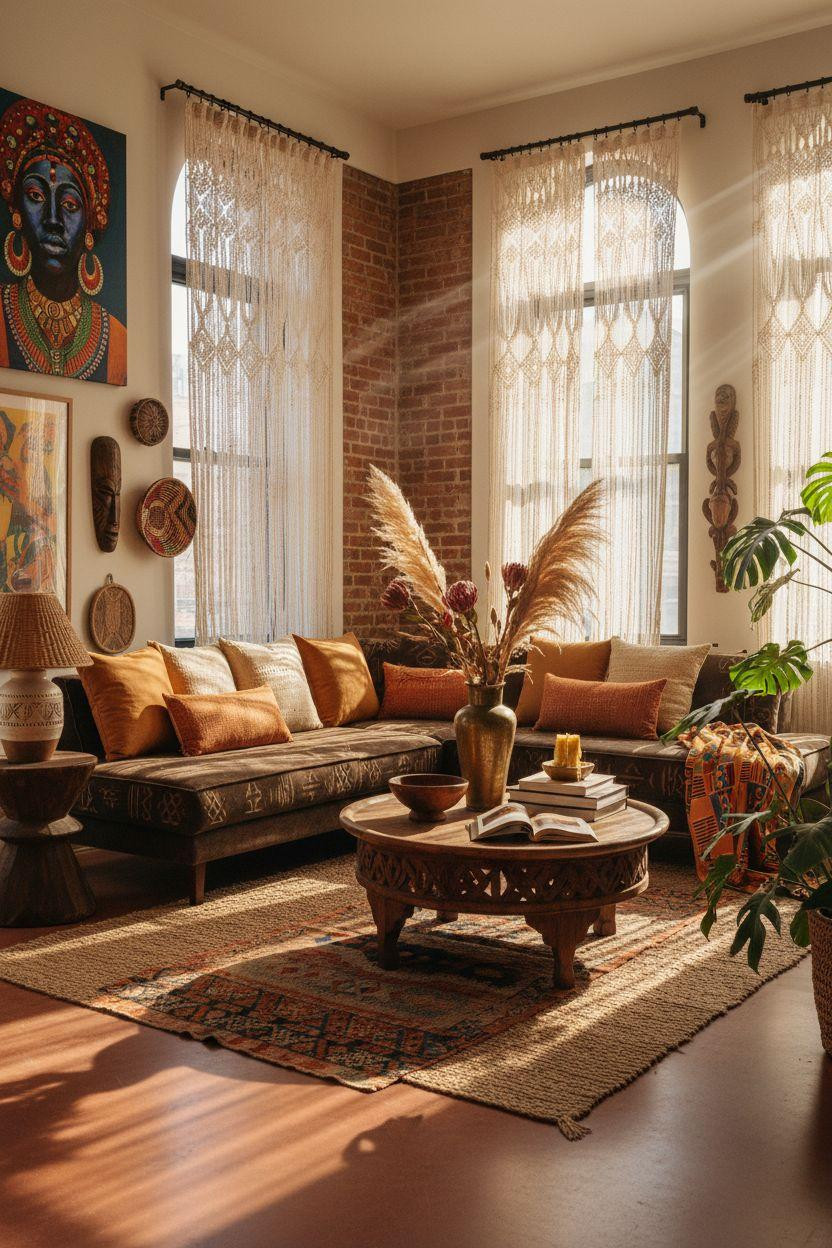 Afro Boho Living Room Ideas - chocolate mudcloth sofa on layered jute and Moroccan rugs