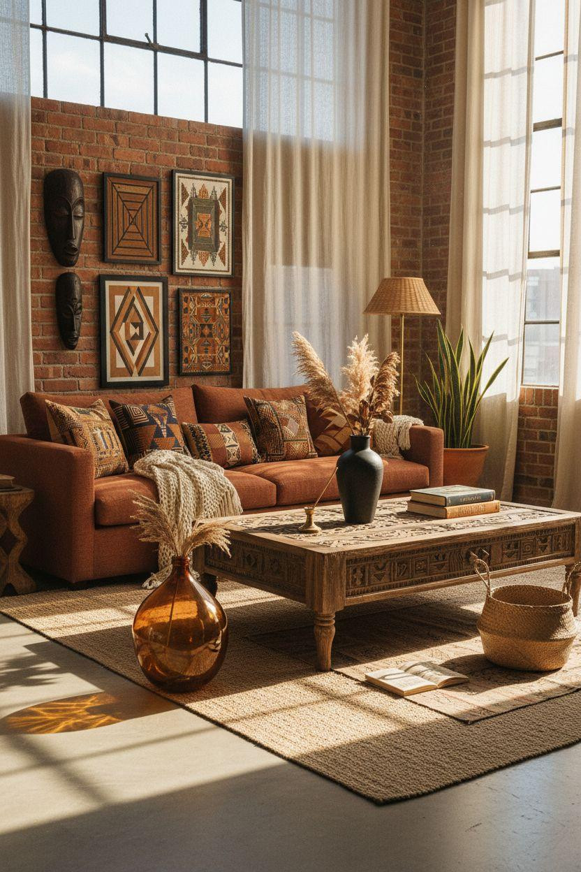 Afro Boho Living Room Ideas - terracotta sofa with African mask wall art and geometric textiles