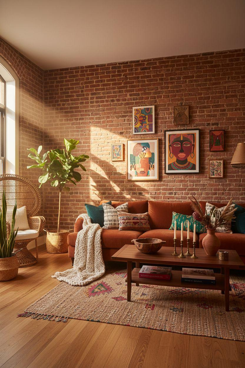 Afro Boho Living Room Ideas - burnt sienna velvet sofa with kente cloth pillows and gallery wall