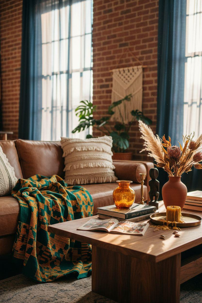 Afro Boho Living Room Ideas - cognac leather sofa with emerald kente throw and carved teak table