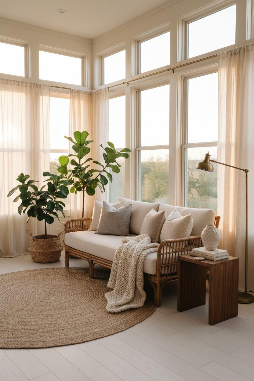 All season room ideas featuring minimalist rattan sofa with cream linen cushions
