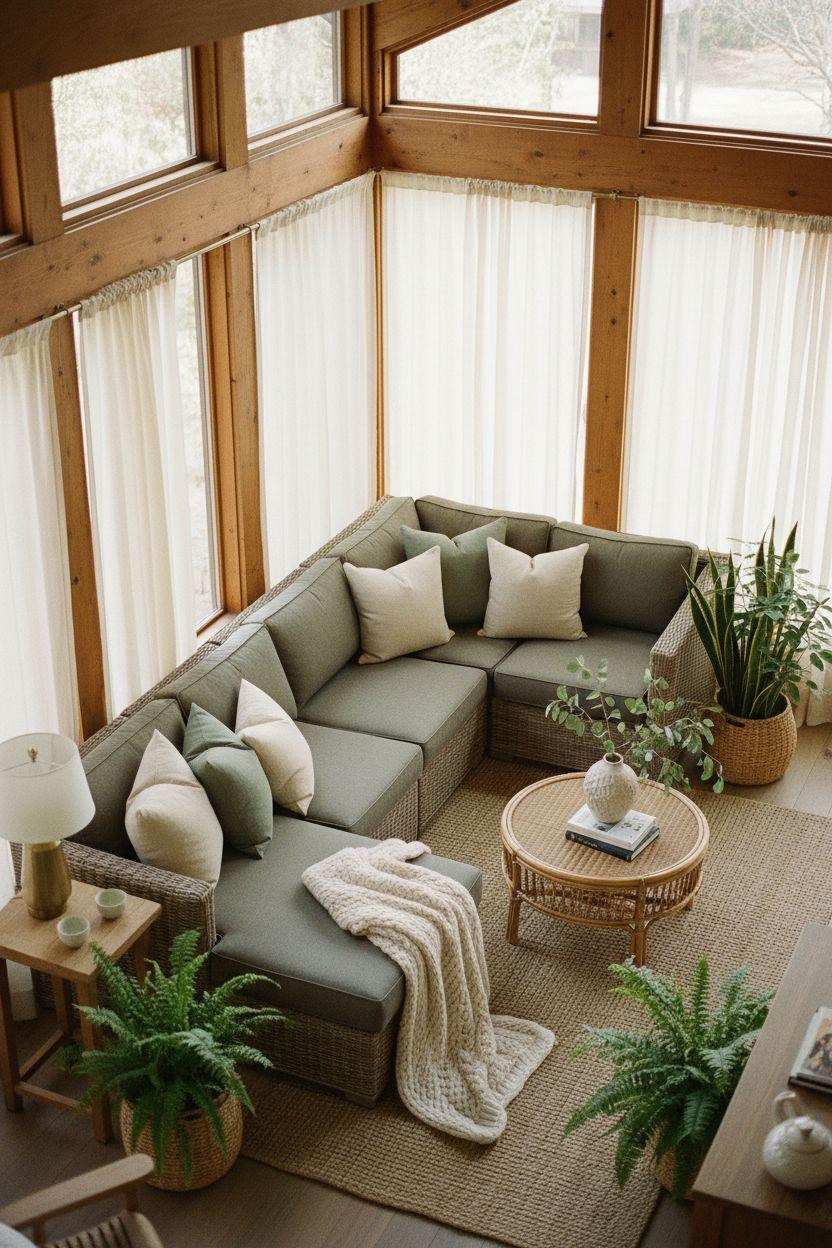 All season room ideas featuring wicker sectional with linen pillows