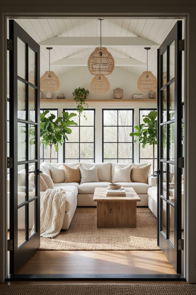 All season room ideas showing vaulted ceiling with exposed beams and black window frames