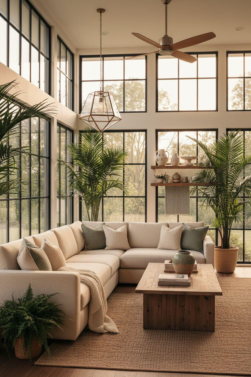 All season room ideas with geometric pendant light and black steel window frames