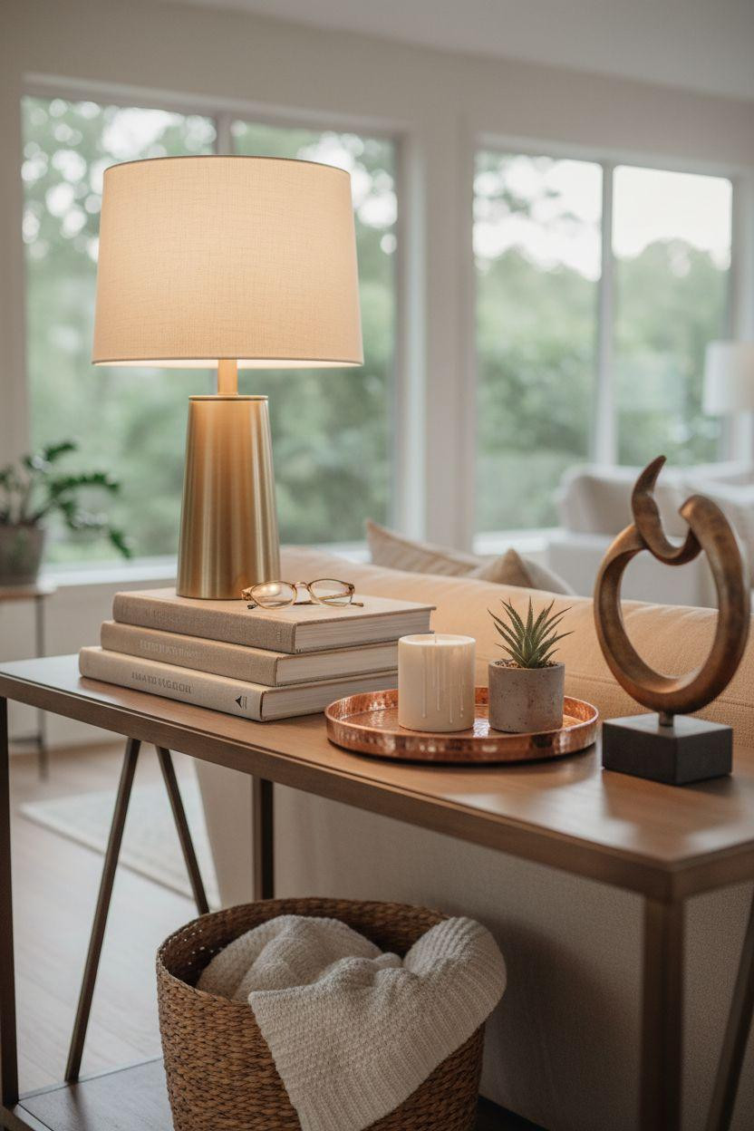 All season room ideas closeup of console table with brass lamp and metallic decor