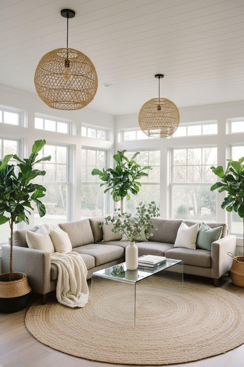 All season room ideas featuring white-framed windows and gray sectional