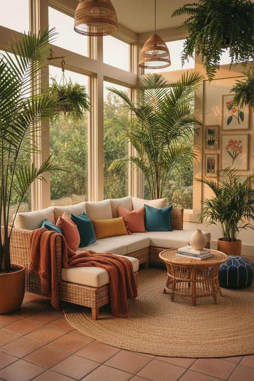 All season room ideas with colorful pillows in coral teal and mustard tones