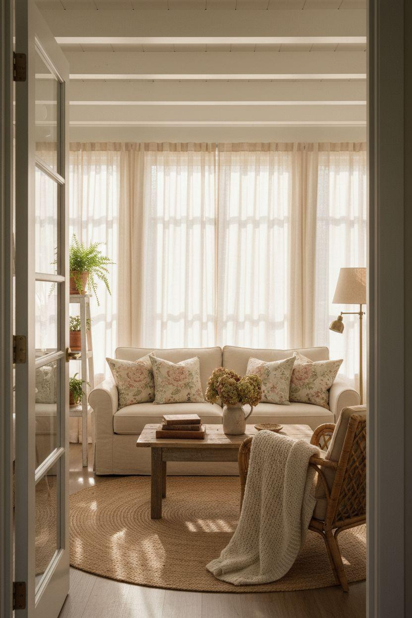 All season room ideas featuring vintage rattan chair and reclaimed coffee table