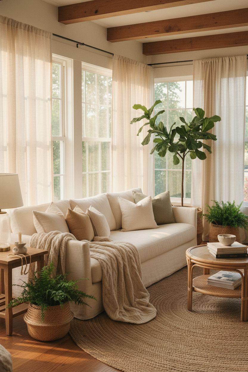 All season room ideas showing cream sectional with natural textures at golden hour