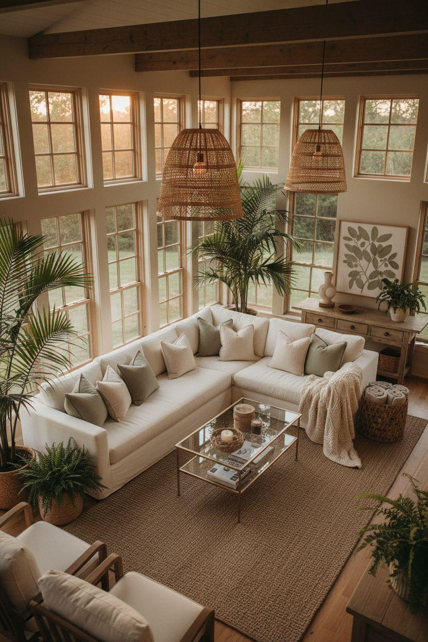 All season room ideas with cream sectional and warm pendant lighting