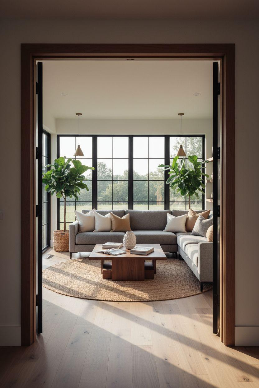 All season room ideas showing modern sunroom connected to living room
