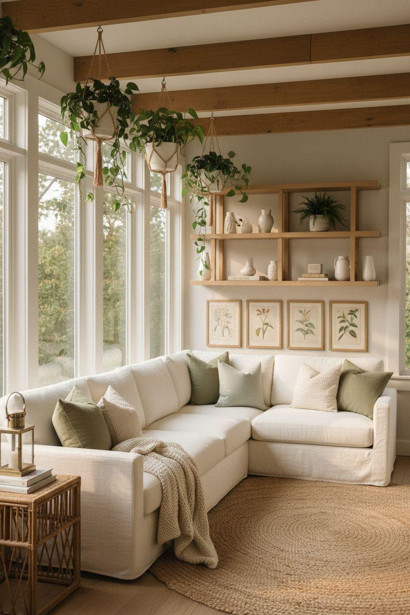 All season room ideas with light oak shelving and hanging plants from ceiling beams