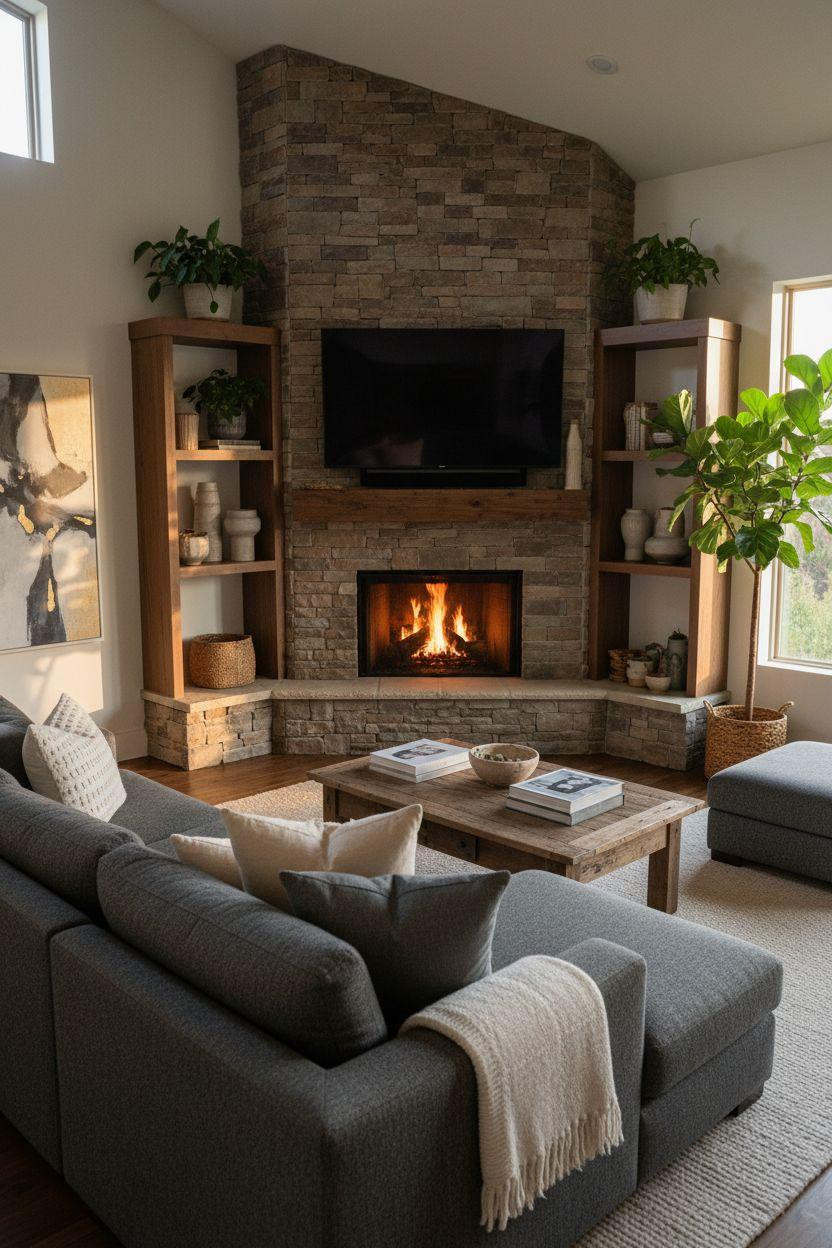 Corner Fireplace Living Room Layout with stacked stone and walnut mantel
