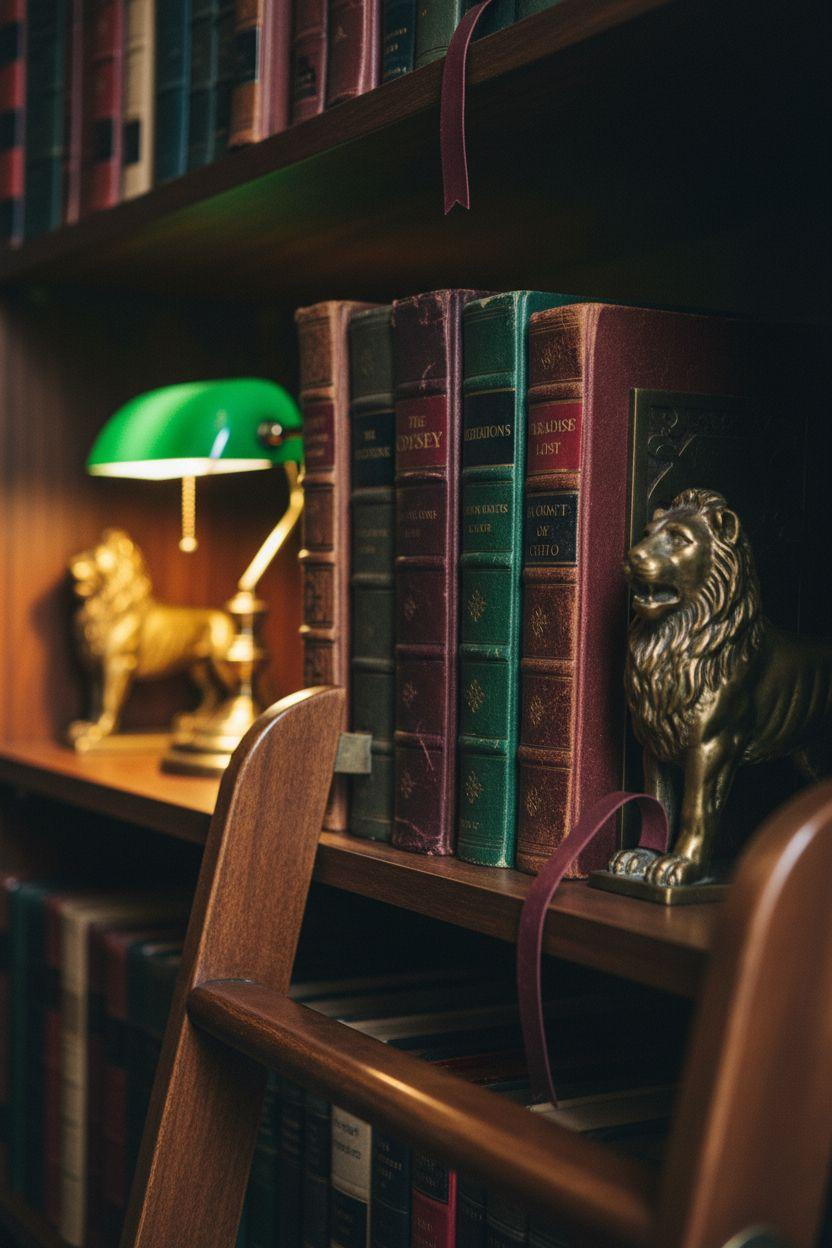 Home Library Rooms Ideas - detailed view of leather-bound books on dark wood shelves