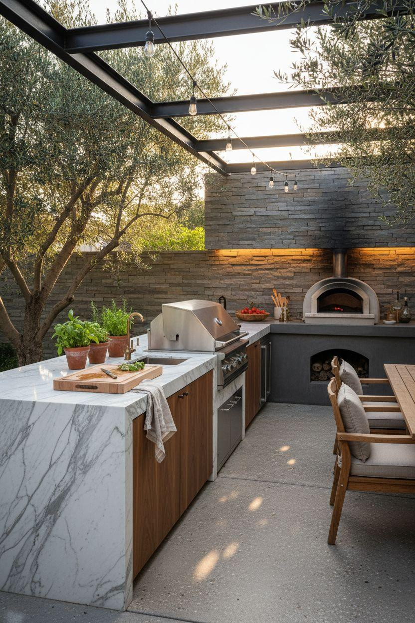 Backyard Outdoor Kitchen - modern marble island with wood-fired oven
