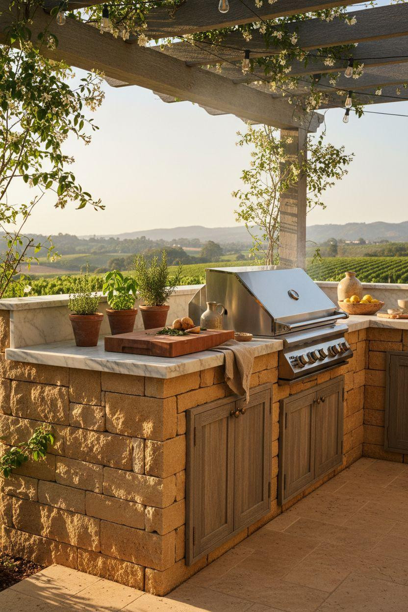 Backyard Outdoor Kitchen - luxury grill island with mixed stone materials
