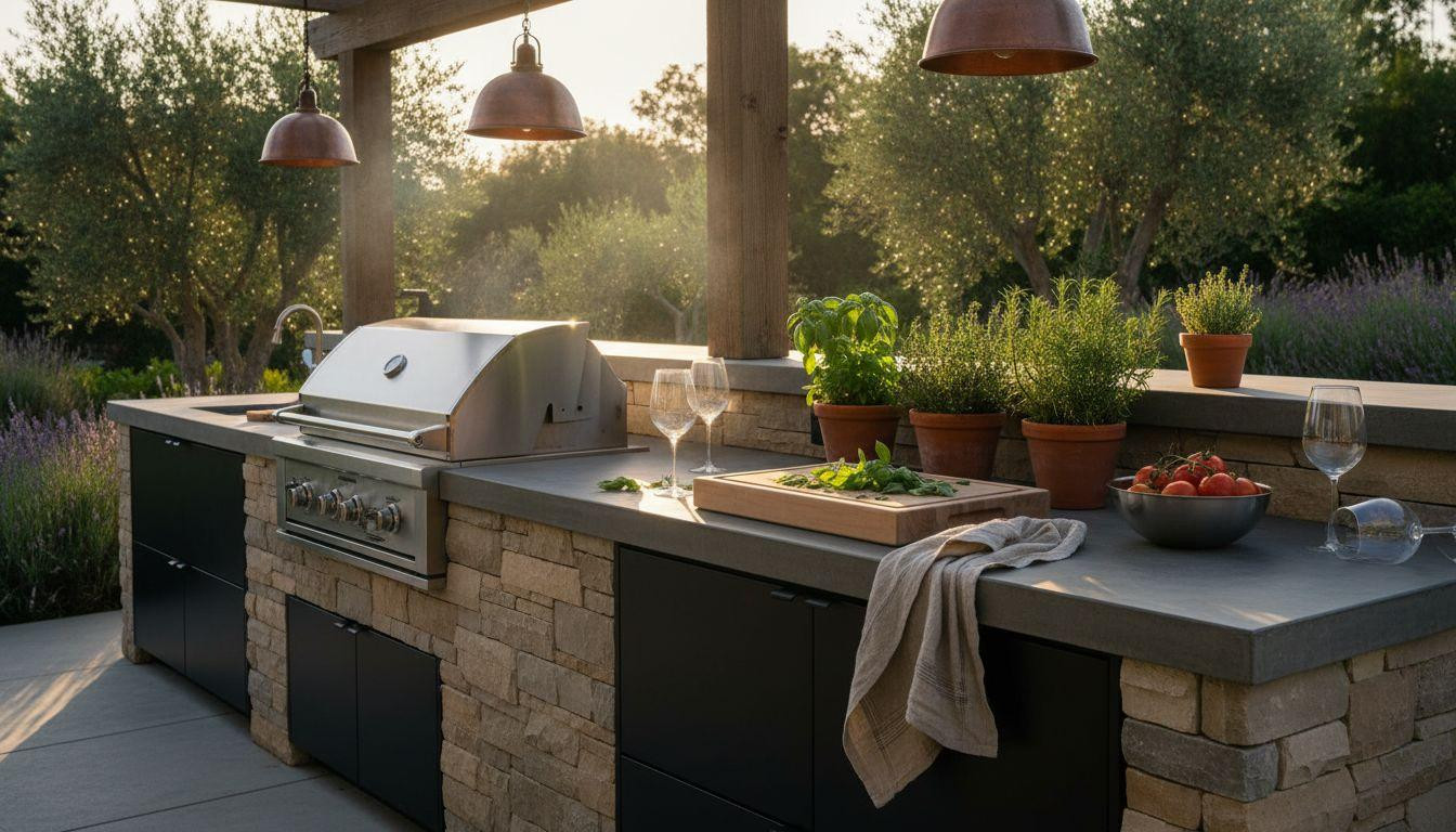 Backyard Outdoor Kitchen - Mediterranean style with stacked stone and herbs