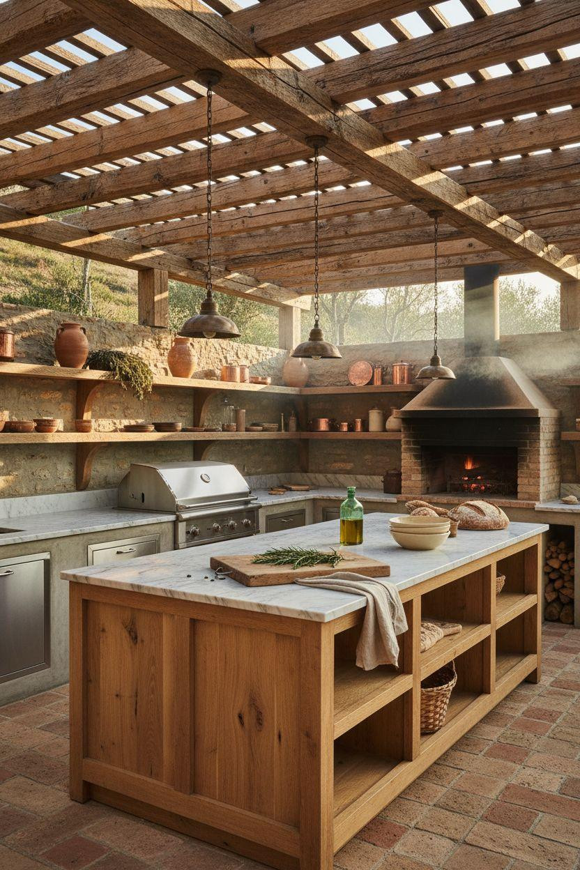 Backyard Outdoor Kitchen - rustic pergola design with wood-fired oven