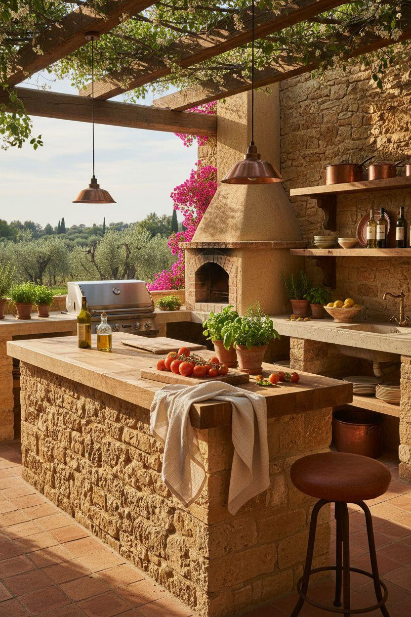 Backyard Outdoor Kitchen - Tuscan garden design with rustic stone and wood