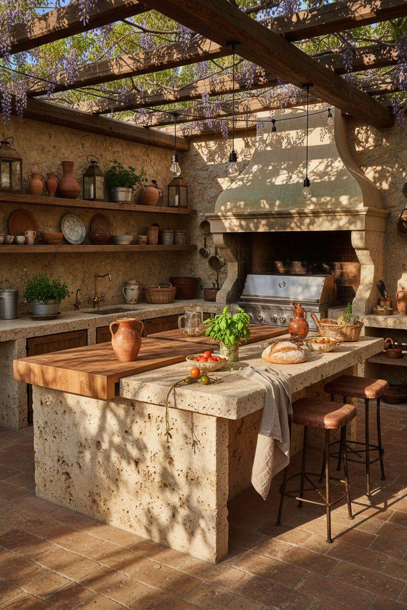 Backyard Outdoor Kitchen - aerial view of covered pergola kitchen