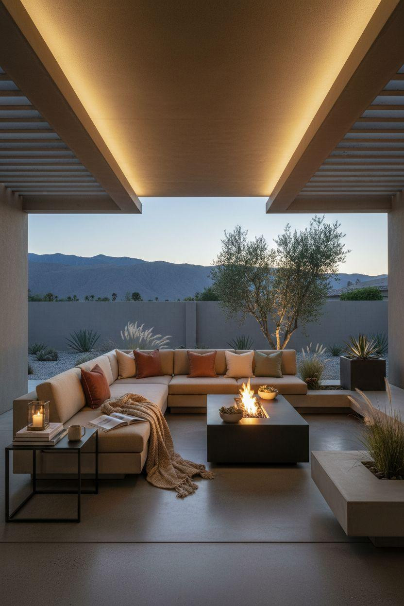 Backyard patio ideas with modern fire table and ambient twilight lighting