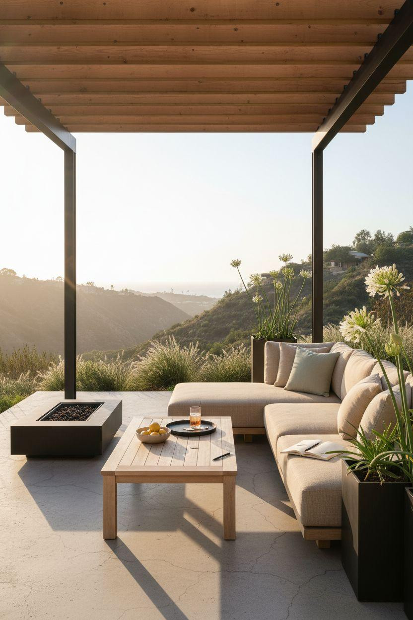 Backyard patio ideas featuring sleek concrete and cedar pergola beams