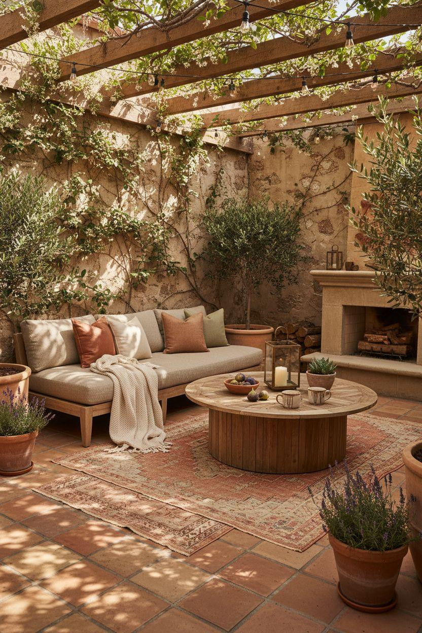 Backyard patio ideas with stone fireplace and sectional seating