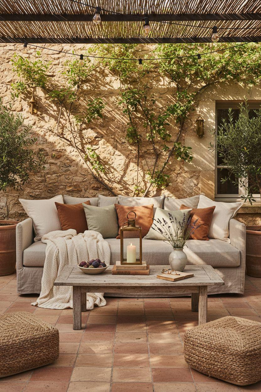 Backyard patio ideas featuring Belgian linen daybed and limestone walls