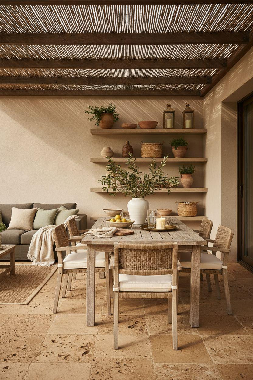 Backyard patio ideas featuring travertine stone flooring and bamboo pergola