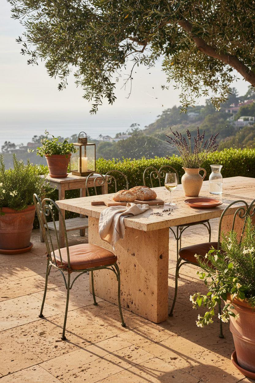 Backyard patio ideas with hand-carved travertine table and bistro chairs