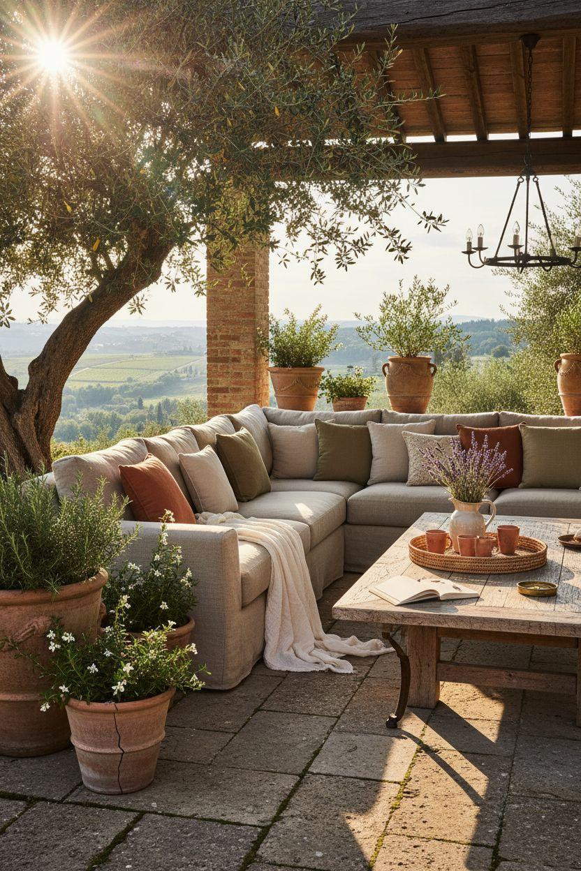 Backyard patio ideas with olive tree canopy and reclaimed teak
