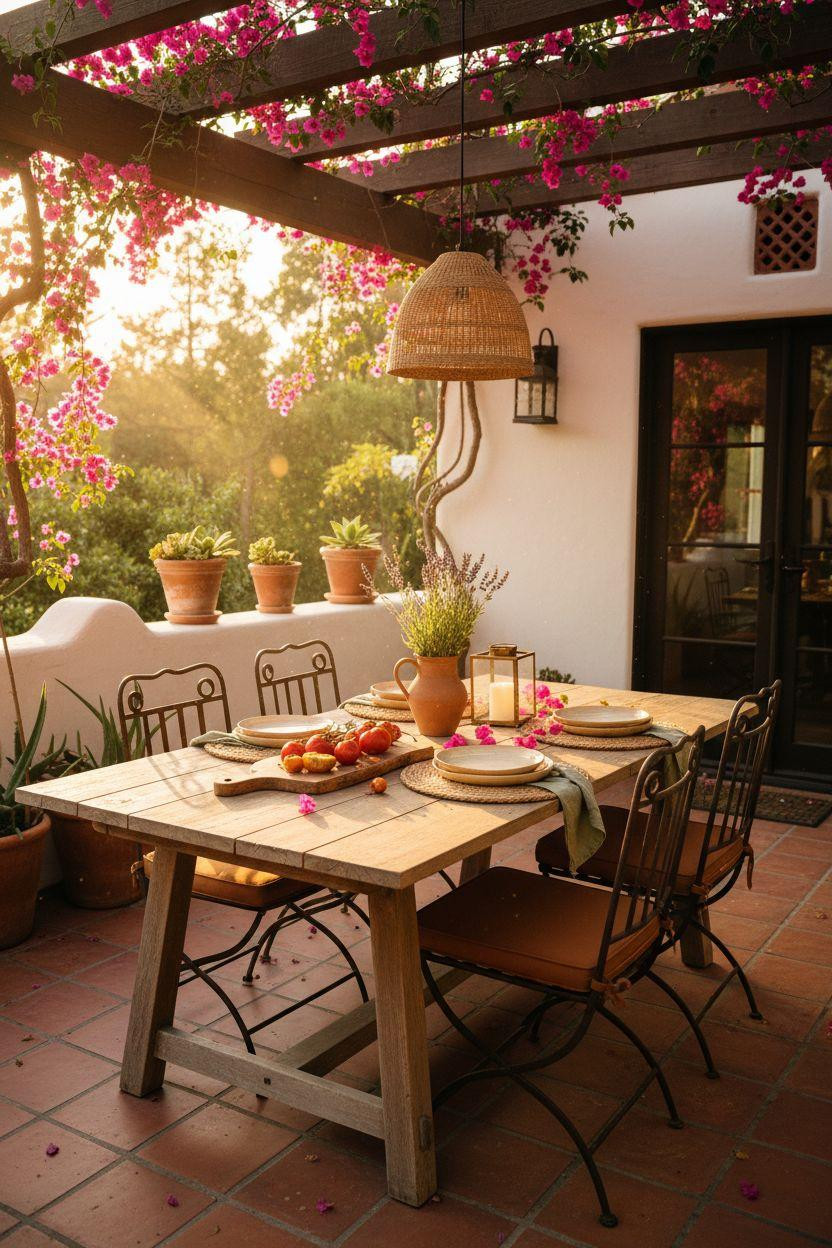 Backyard patio ideas with bougainvillea covered pergola and whitewashed walls
