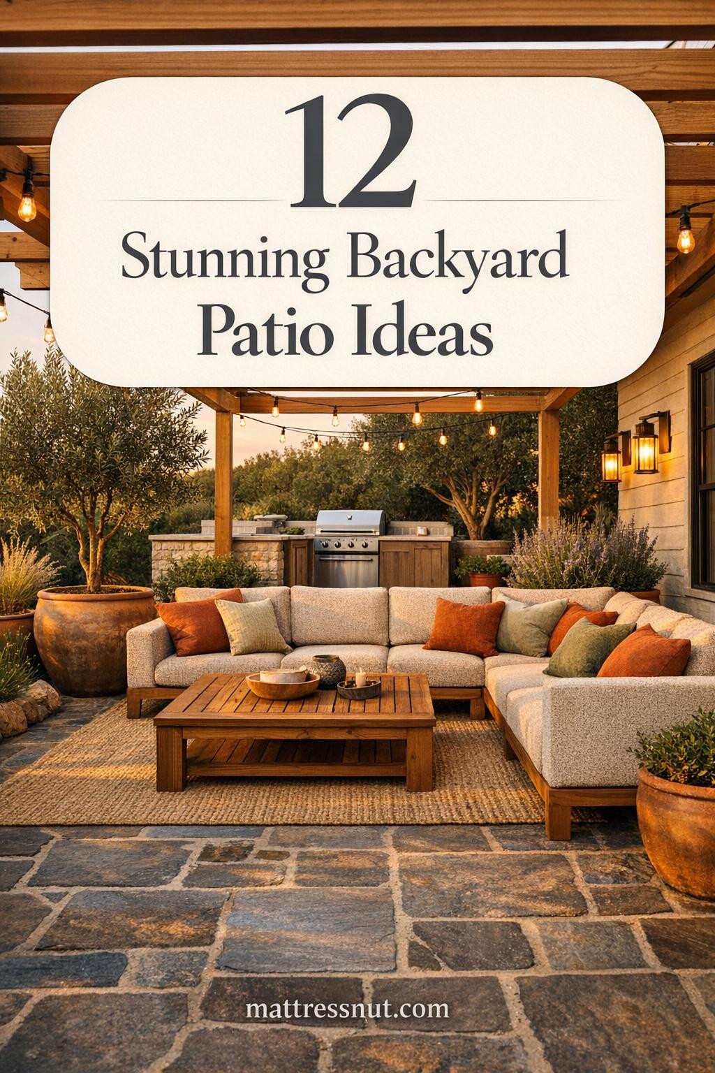 Spacious backyard patio featuring white oak pergola, bluestone pavers, sand boucle sectional, teak coffee table, terracotta planters with olive trees, and string lighting