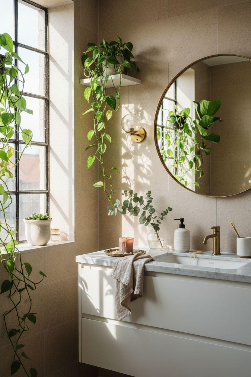 Bathroom Mirror - round brass mirror surrounded by lush green plants